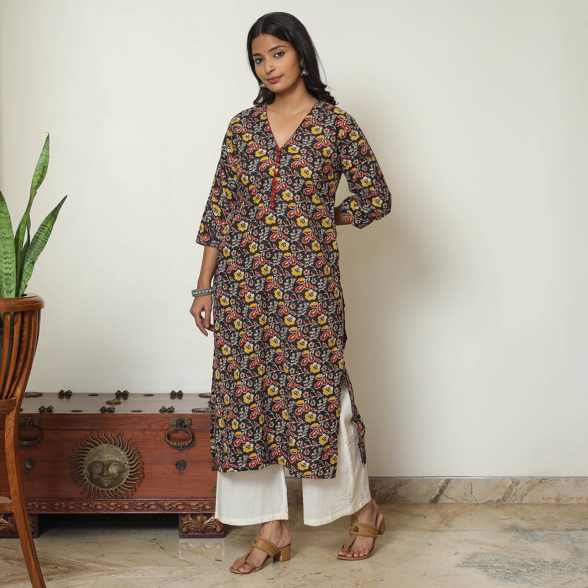 Black - Kalamkari Printed Cotton Straight Kurta 33