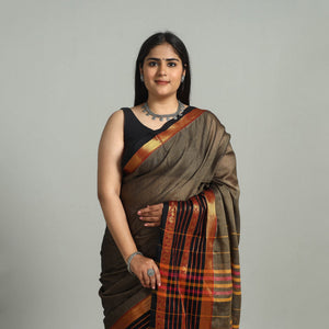 Brown - Dharwad Cotton Saree with Zari Border