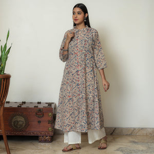 Beige - Hand Block Print Cotton A-Line Kalamkari Kurta 21