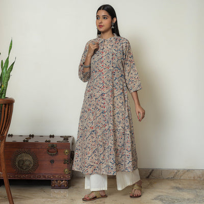 Beige - Hand Block Print Cotton A-Line Kalamkari Kurta 21