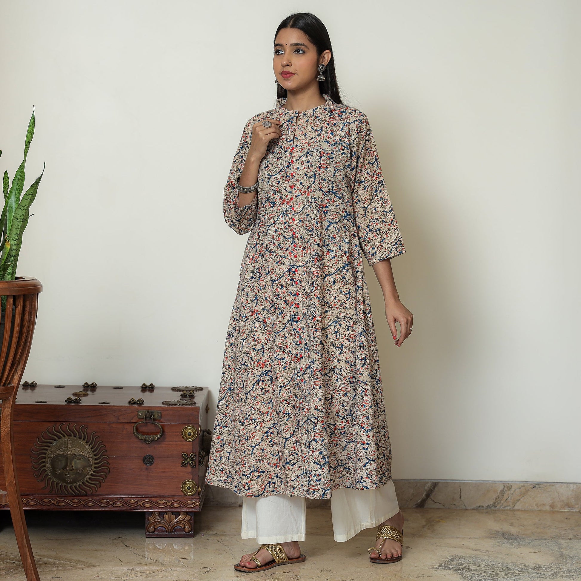 Beige - Hand Block Print Cotton A-Line Kalamkari Kurta 21