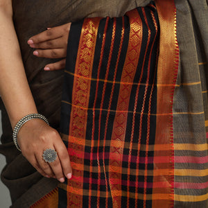 Brown - Dharwad Cotton Saree with Zari Border