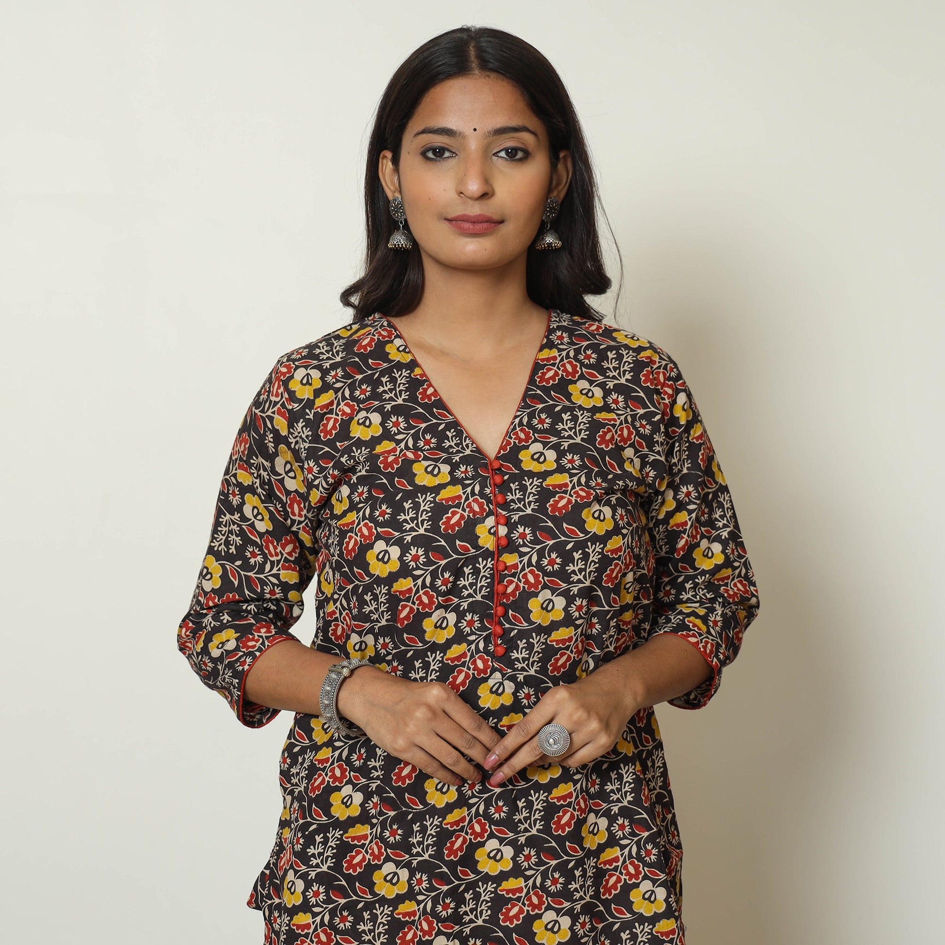 Black - Kalamkari Printed Cotton Straight Kurta 33