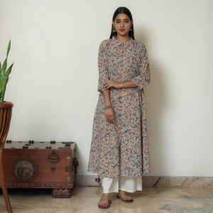 Beige - Hand Block Print Cotton A-Line Kalamkari Kurta 21