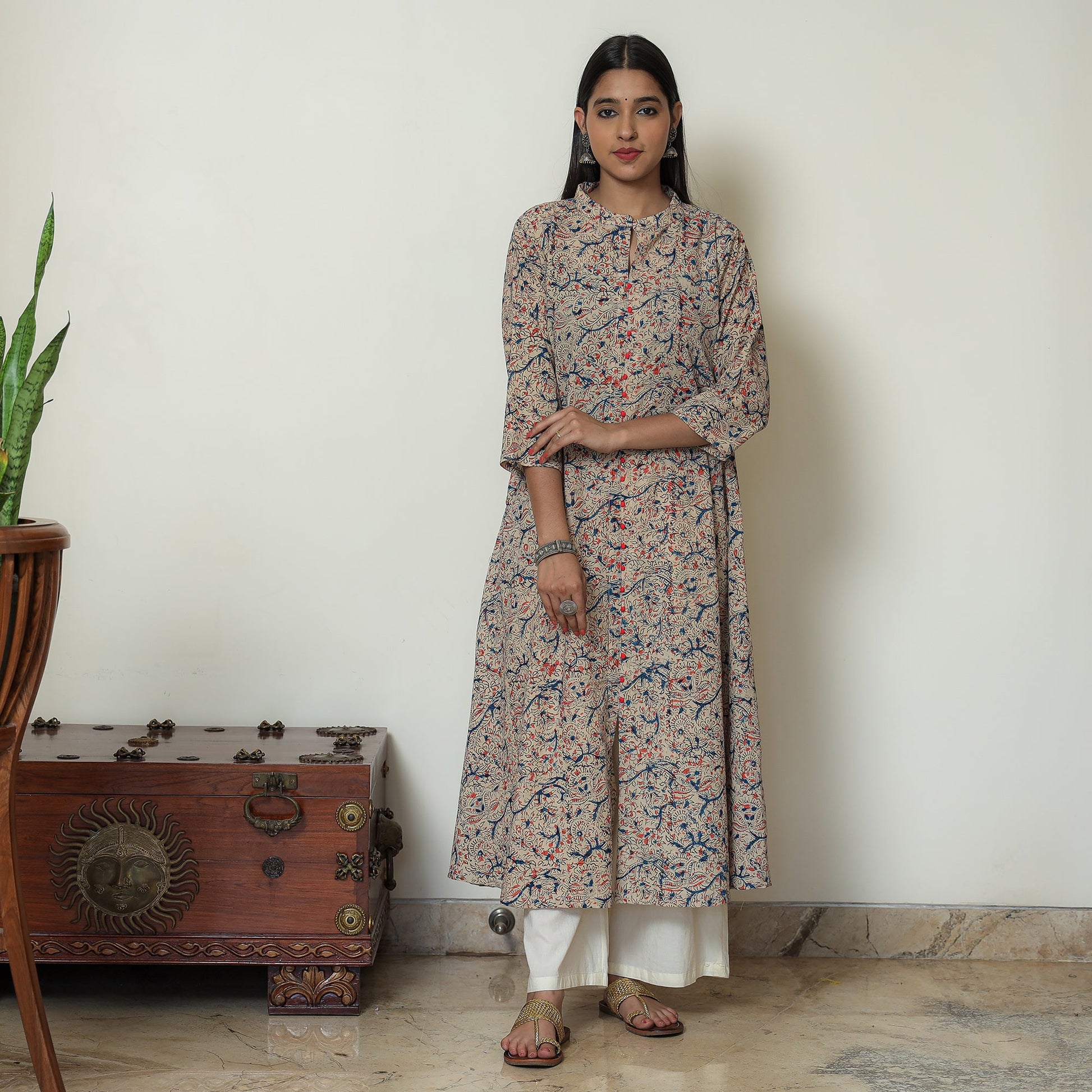 Beige - Hand Block Print Cotton A-Line Kalamkari Kurta 21