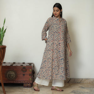 Beige - Hand Block Print Cotton A-Line Kalamkari Kurta 21