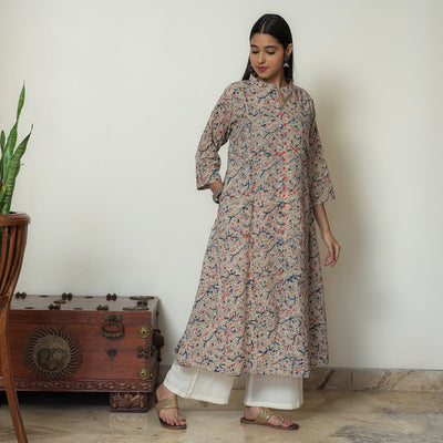 Beige - Hand Block Print Cotton A-Line Kalamkari Kurta 21