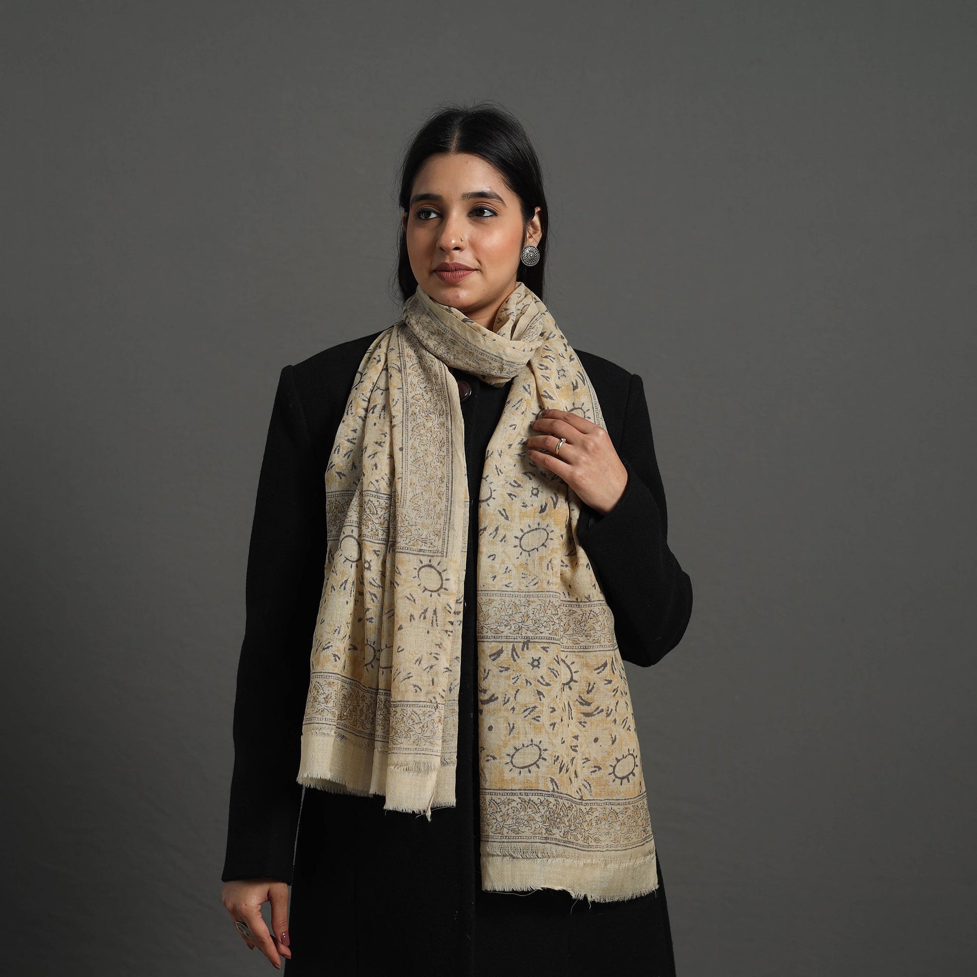 Beige - Block Print Pedana Kalamkari Wool Stole 29