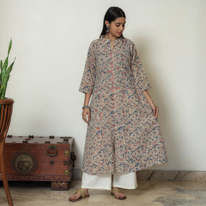 Beige - Hand Block Print Cotton A-Line Kalamkari Kurta 21