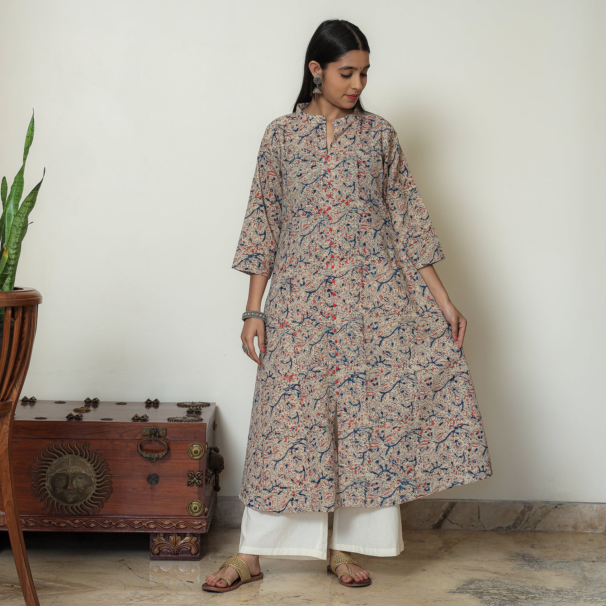 Beige - Hand Block Print Cotton A-Line Kalamkari Kurta 21