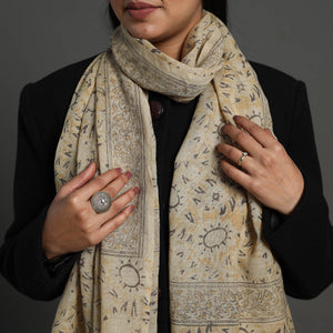Beige - Block Print Pedana Kalamkari Wool Stole 29