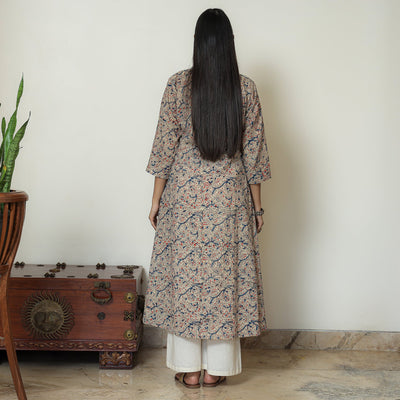 Beige - Hand Block Print Cotton A-Line Kalamkari Kurta 21
