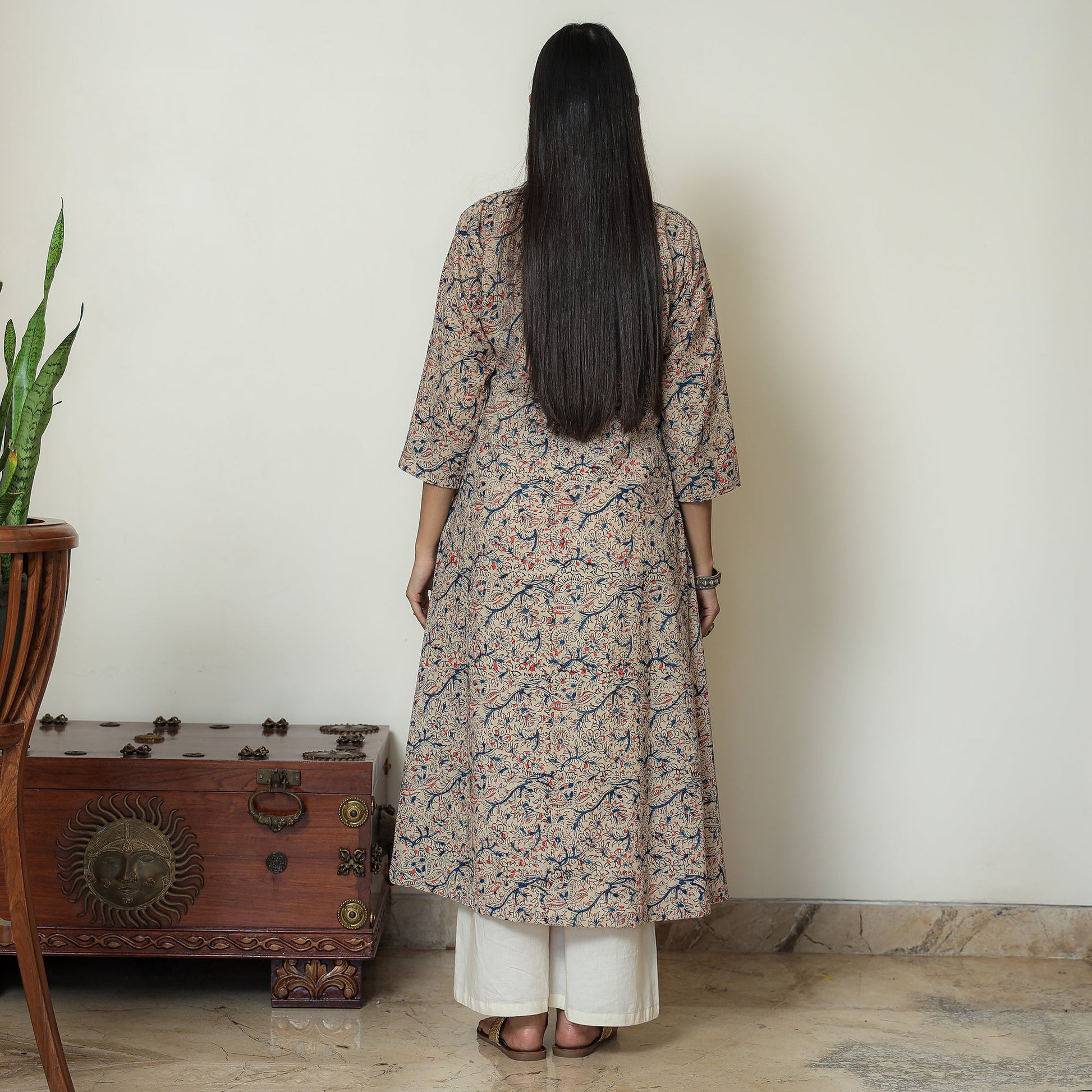 Beige - Hand Block Print Cotton A-Line Kalamkari Kurta 21