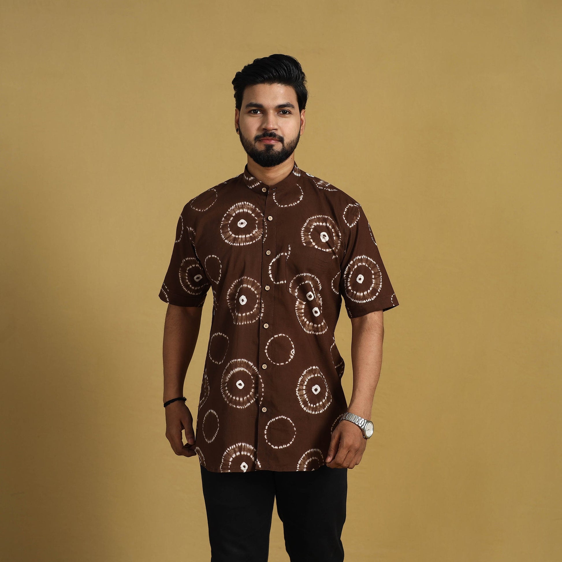 Brown - Half Sleeve Tie & Dye Cotton Men Shibori Shirt 10