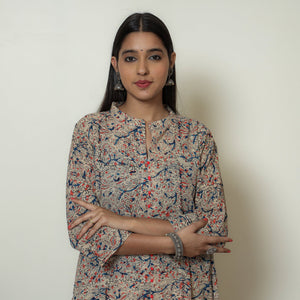 Beige - Hand Block Print Cotton A-Line Kalamkari Kurta 21