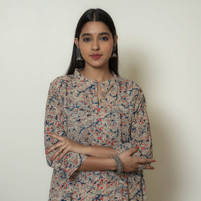 Beige - Hand Block Print Cotton A-Line Kalamkari Kurta 21