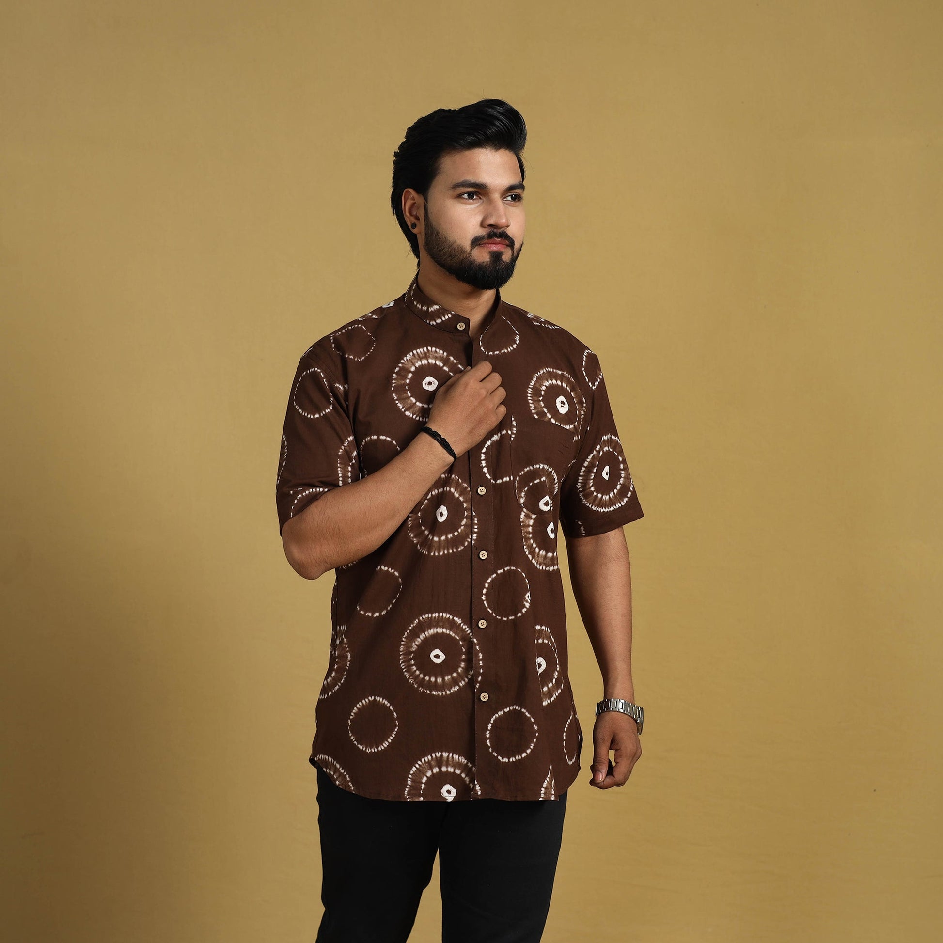 Brown - Half Sleeve Tie & Dye Cotton Men Shibori Shirt 10