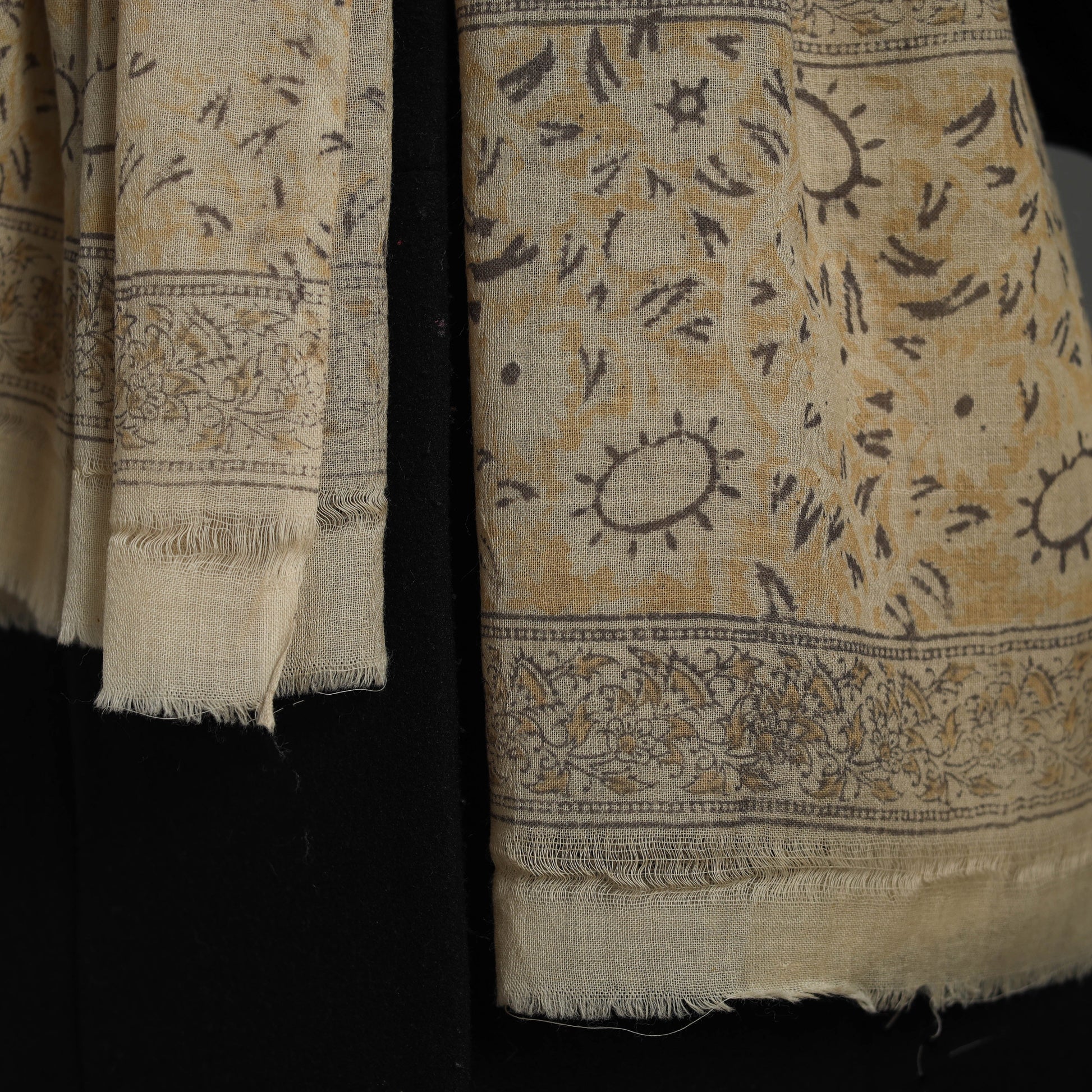 Beige - Block Print Pedana Kalamkari Wool Stole 29
