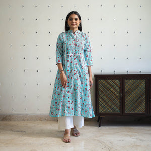 Blue - Block Print Cotton A-Line Sanganeri Kurta 05