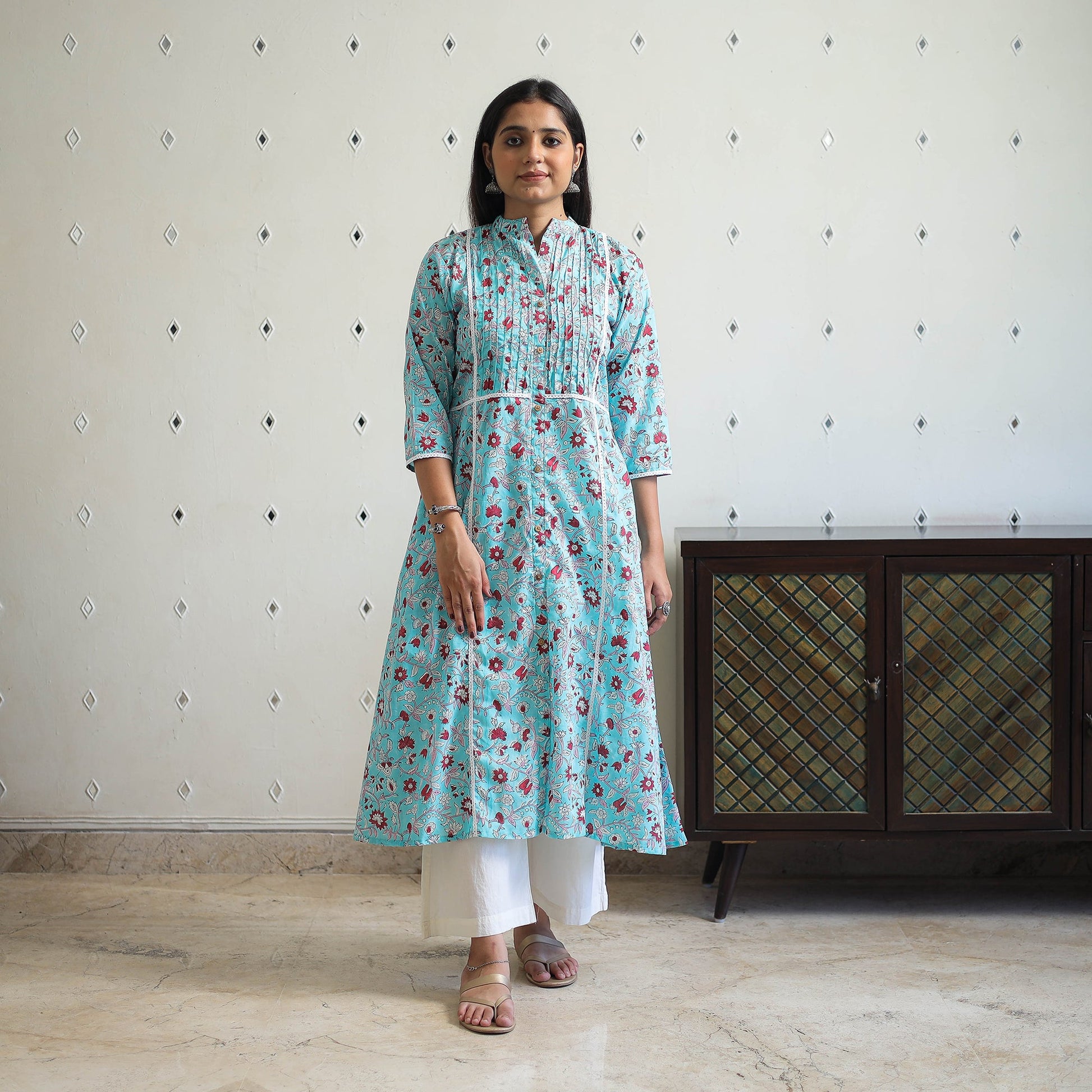 Blue - Block Print Cotton A-Line Sanganeri Kurta 05