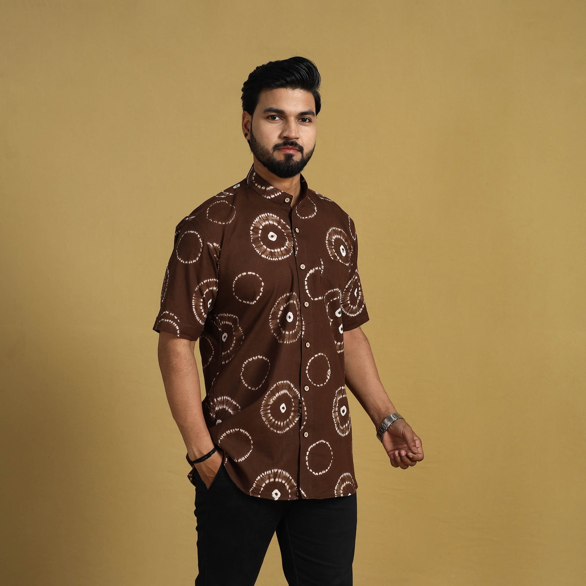 Brown - Half Sleeve Tie & Dye Cotton Men Shibori Shirt 10