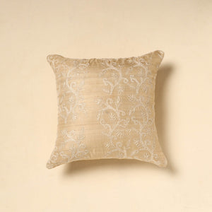 Beige - Tussar Silk Bengal Kantha Work Cushion Cover 10