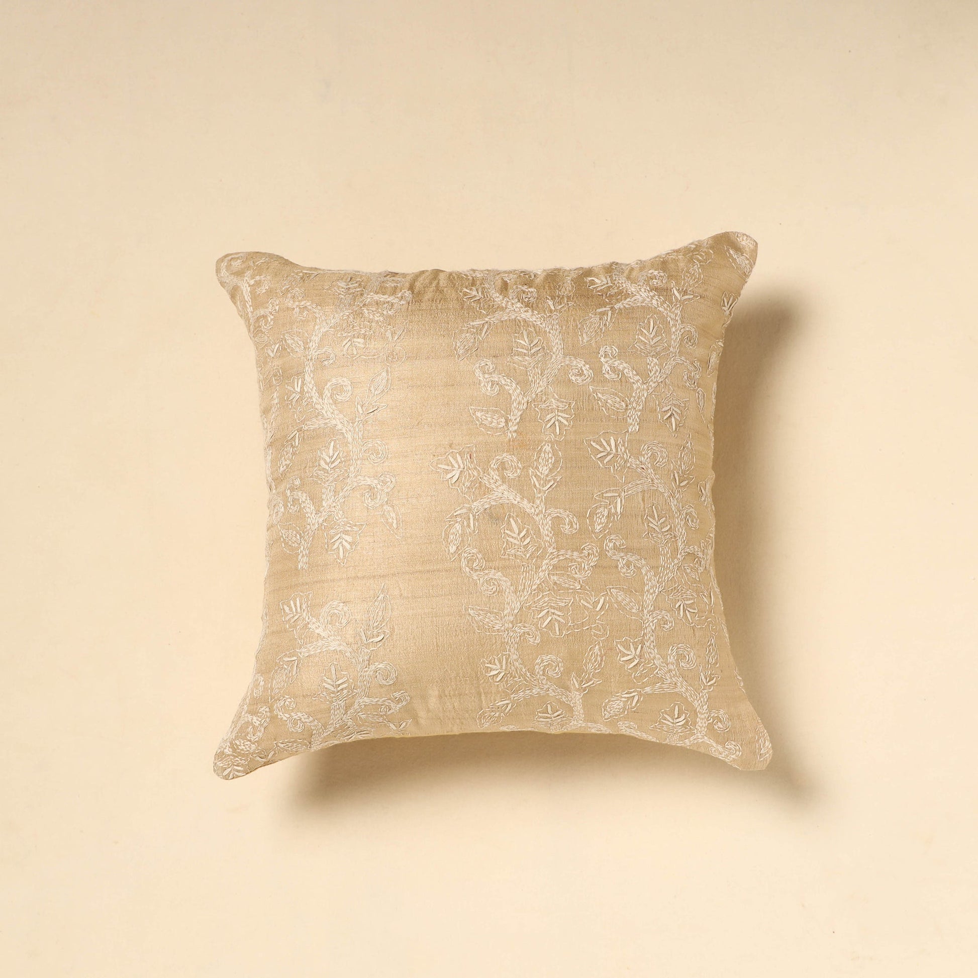 Beige - Tussar Silk Bengal Kantha Work Cushion Cover 10