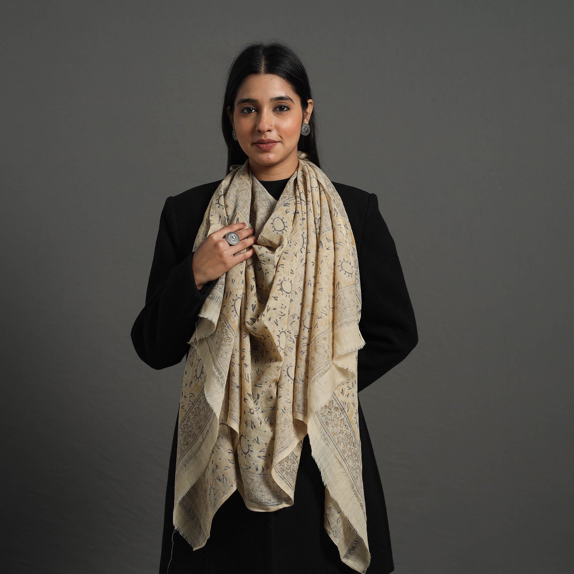 Beige - Block Print Pedana Kalamkari Wool Stole 29