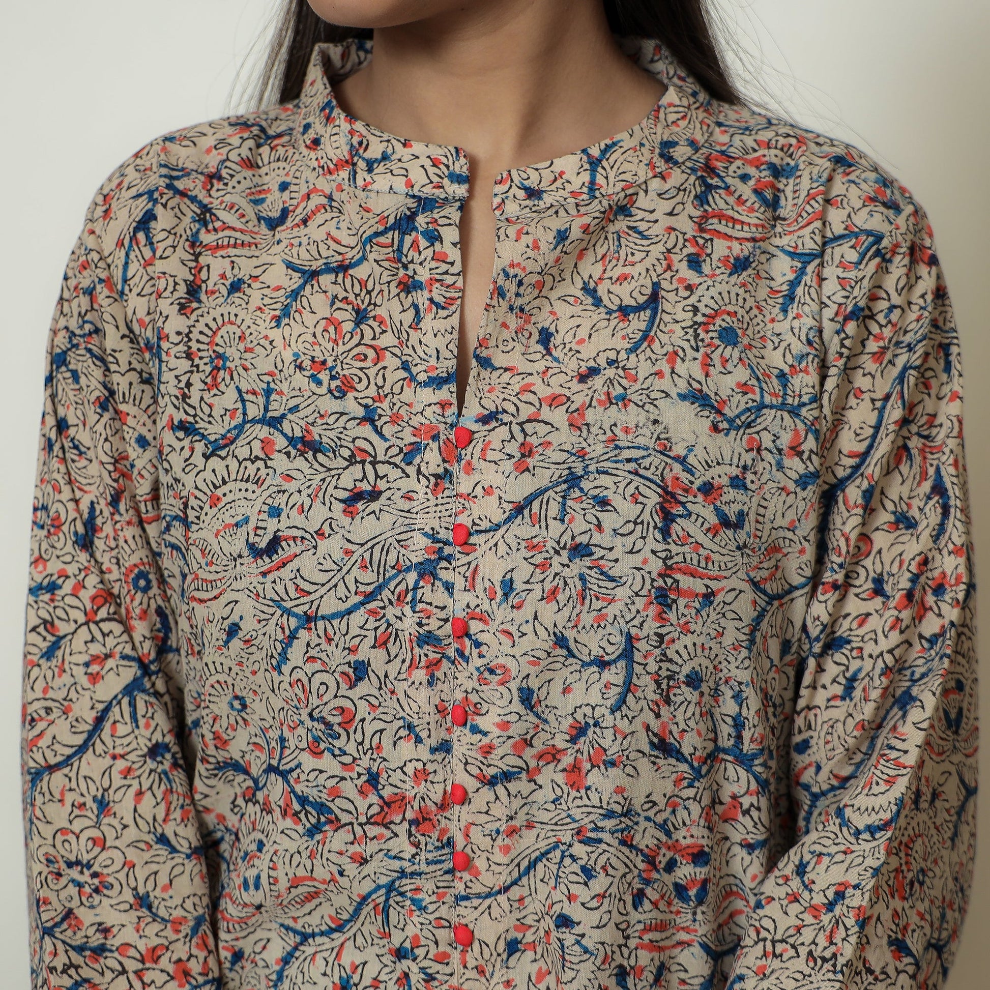Beige - Hand Block Print Cotton A-Line Kalamkari Kurta 21
