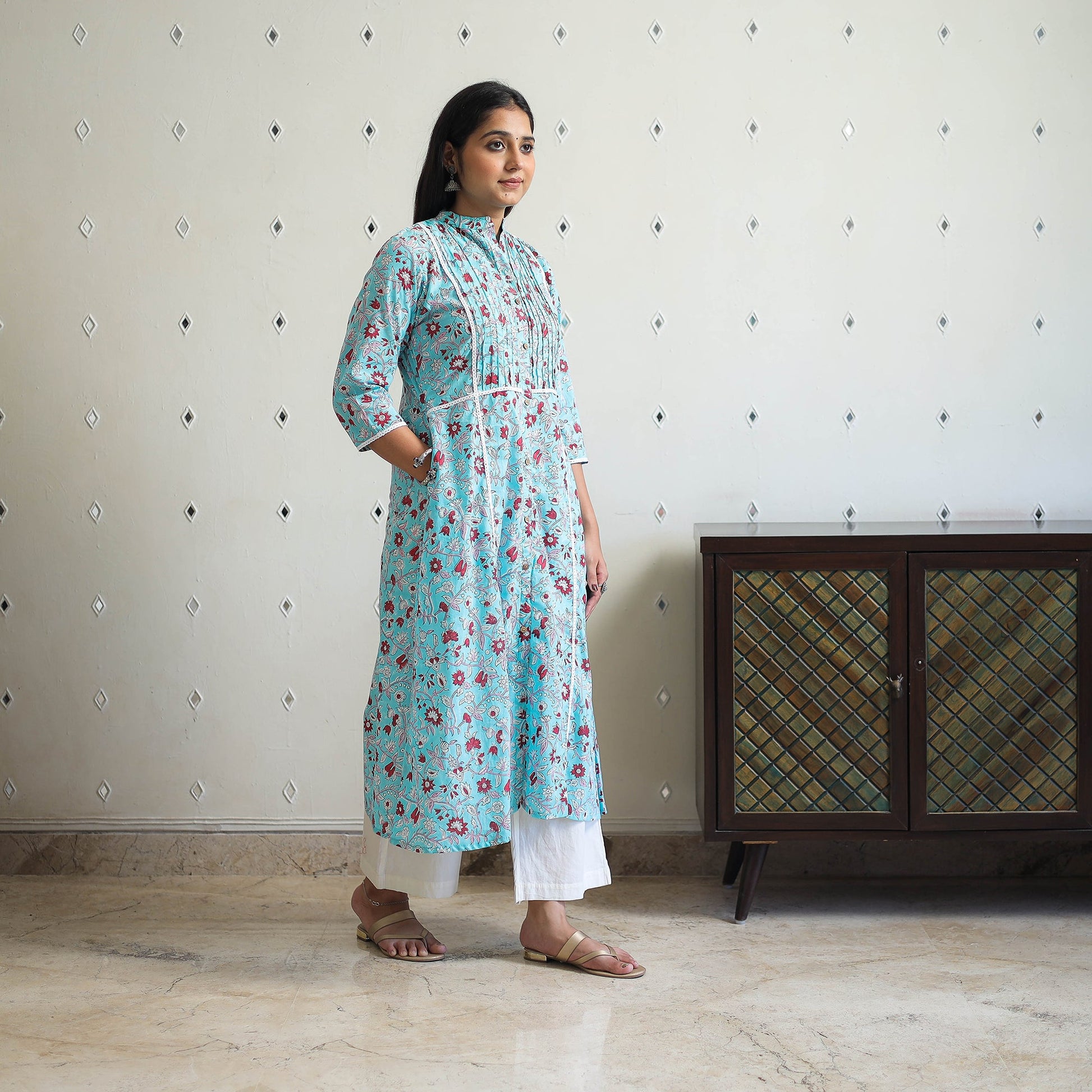 Blue - Block Print Cotton A-Line Sanganeri Kurta 05