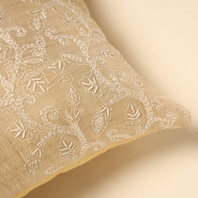 Beige - Tussar Silk Bengal Kantha Work Cushion Cover 10
