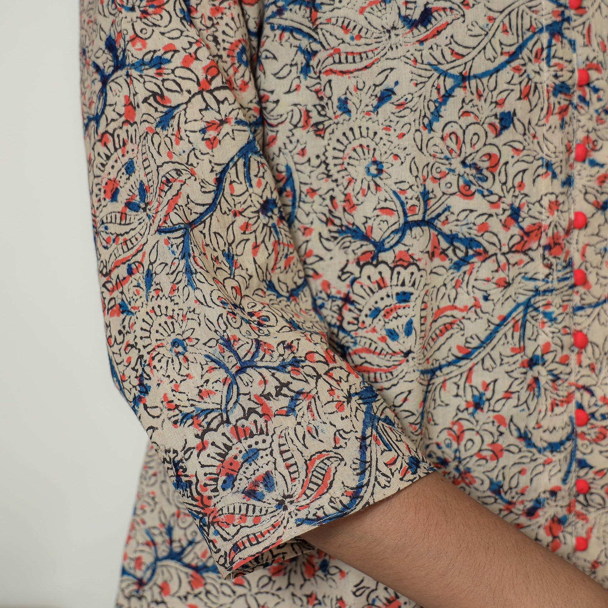 Beige - Hand Block Print Cotton A-Line Kalamkari Kurta 21