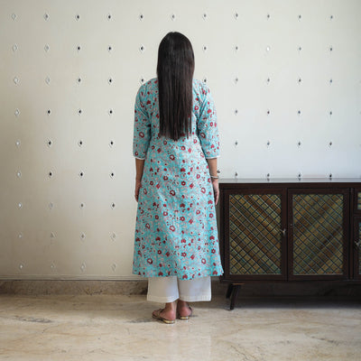 Blue - Block Print Cotton A-Line Sanganeri Kurta 05