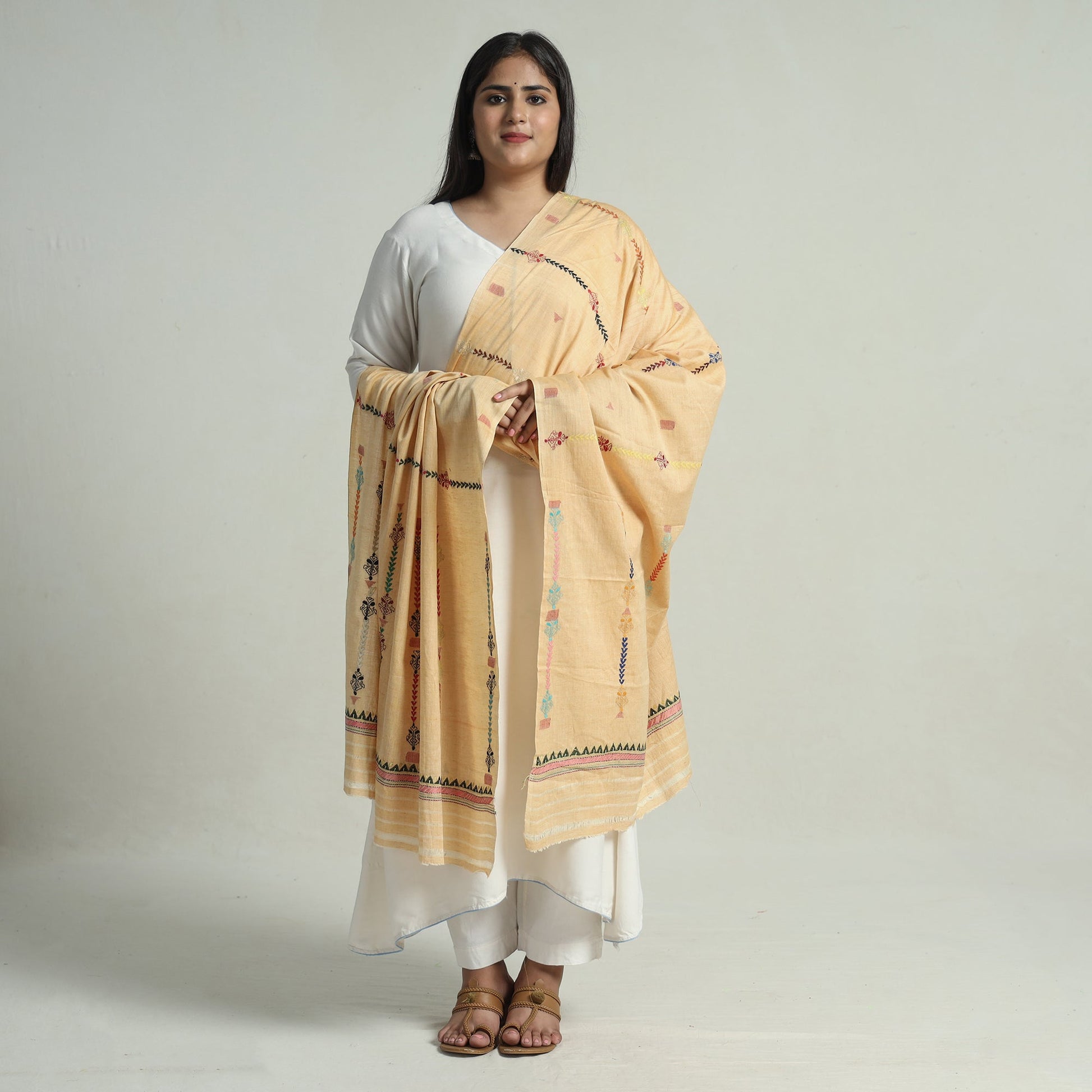 Beige - Bengal Kantha Embroidery Silk Cotton Dupatta 06