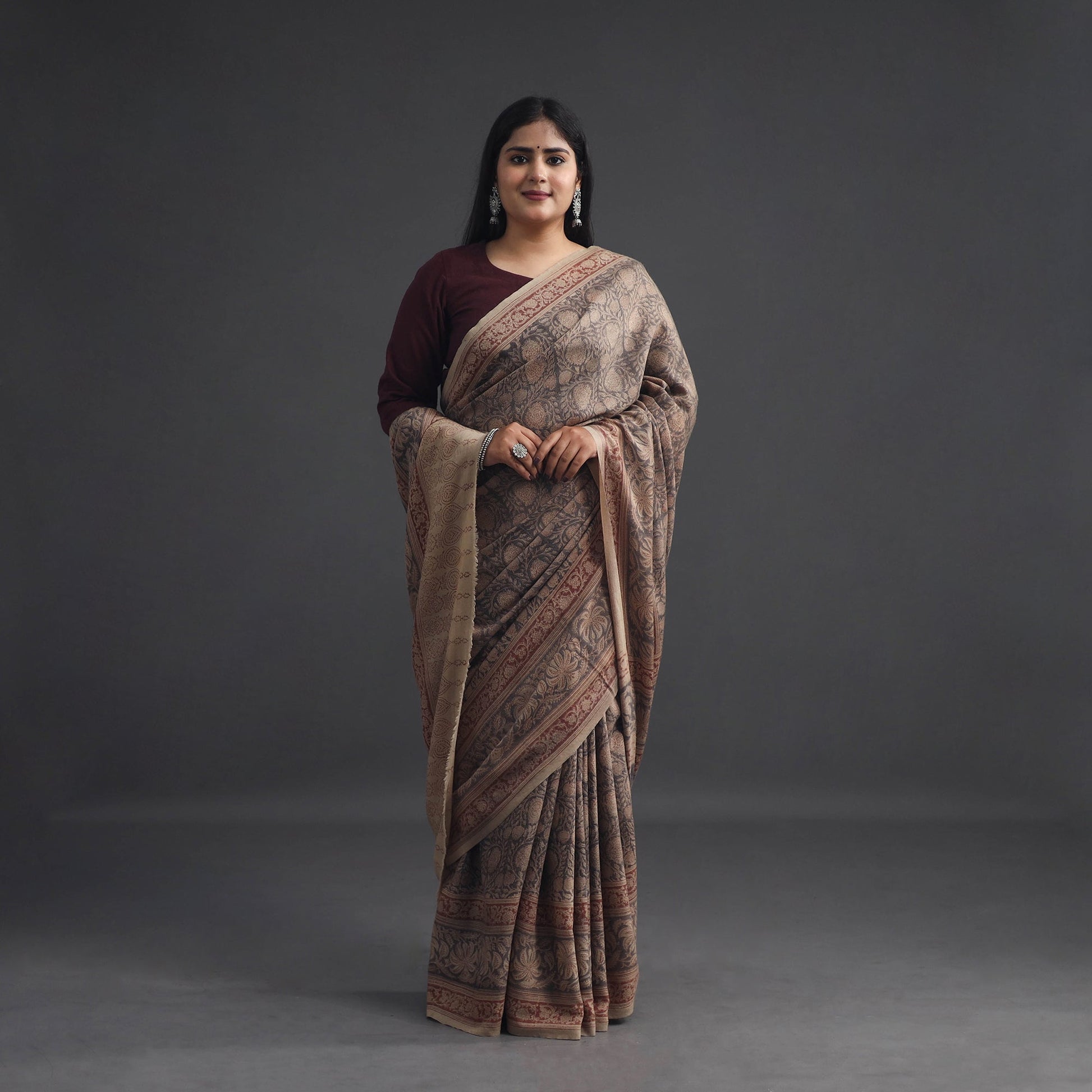 Brown - Pedana Block Print Merino Wool Kalamkari Saree 02
