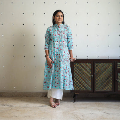 Blue - Block Print Cotton A-Line Sanganeri Kurta 05