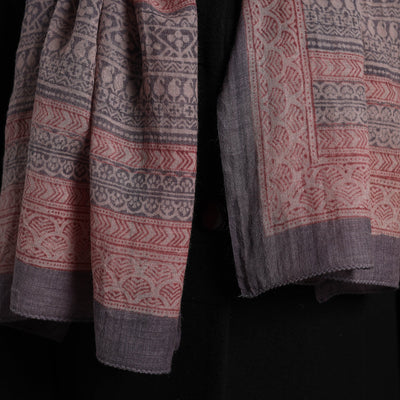Brown - Bagh Hand Block Printed Merino Woollen Stole 36