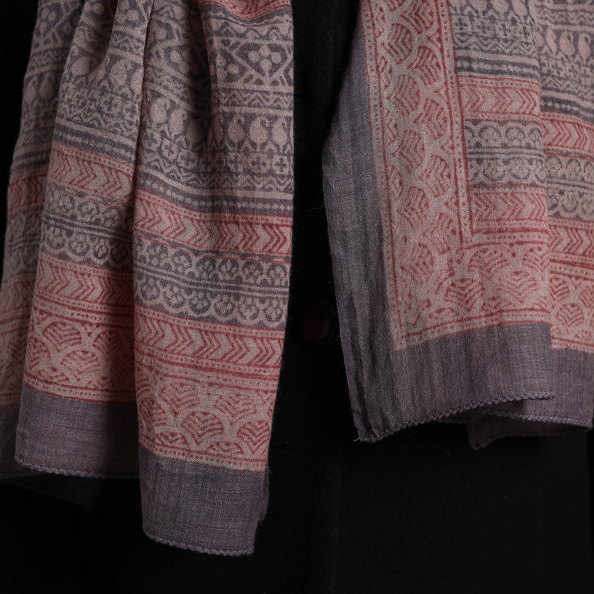 Brown - Bagh Hand Block Printed Merino Woollen Stole 36