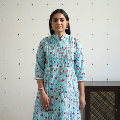 Blue - Block Print Cotton A-Line Sanganeri Kurta 05