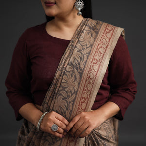 Brown - Pedana Block Print Merino Wool Kalamkari Saree 02