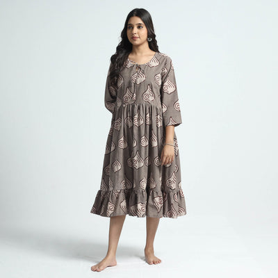 Brown - Bindaas Art Block Printed Cotton Dress