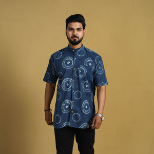 Blue - Half Sleeve Tie & Dye Cotton Men Shibori Shirt 11