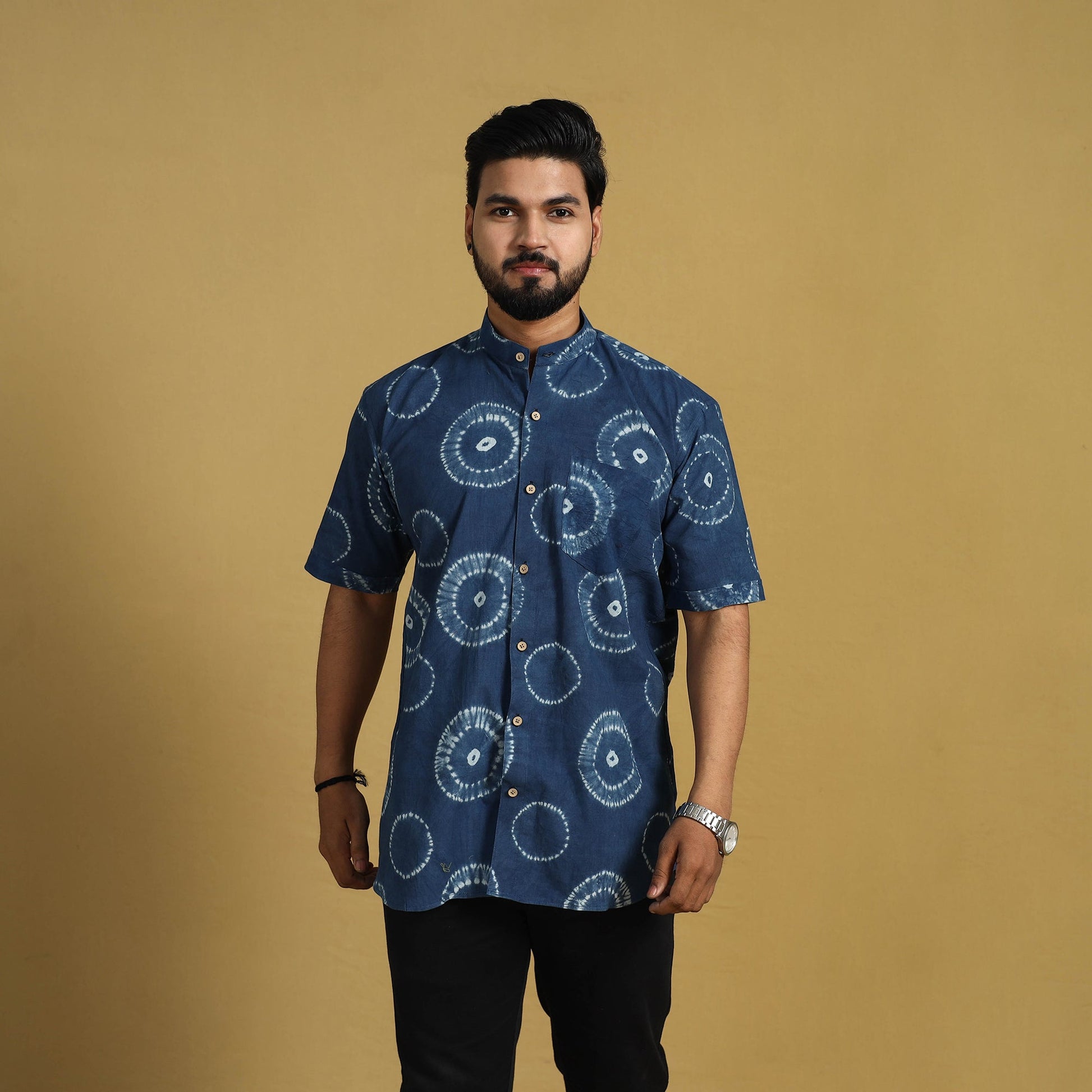 Blue - Half Sleeve Tie & Dye Cotton Men Shibori Shirt 11