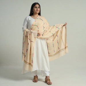 Beige - Bengal Kantha Embroidery Silk Cotton Dupatta 05