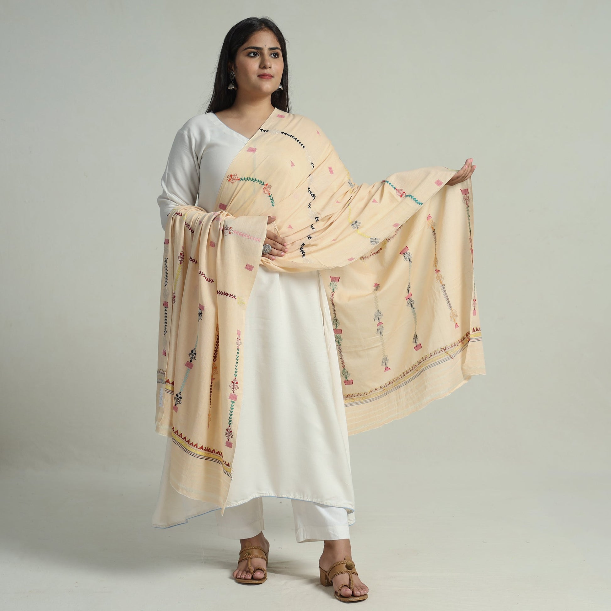 Beige - Bengal Kantha Embroidery Silk Cotton Dupatta 05