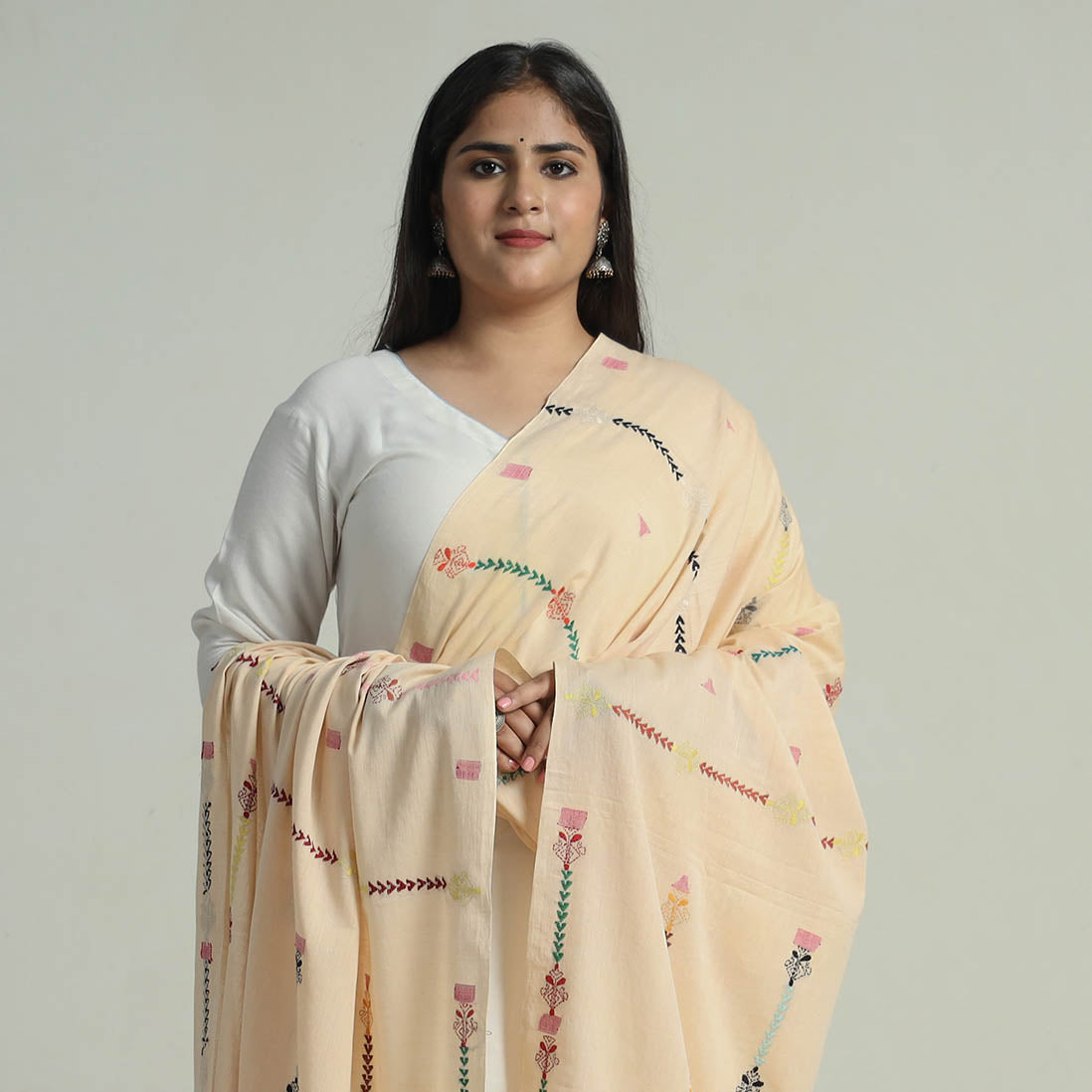Beige - Bengal Kantha Embroidery Silk Cotton Dupatta 05