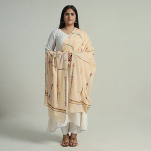 Beige - Bengal Kantha Embroidery Silk Cotton Dupatta 05