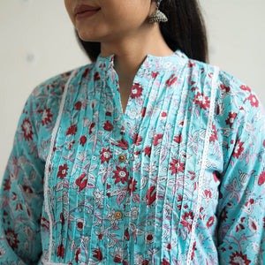 Blue - Block Print Cotton A-Line Sanganeri Kurta 05