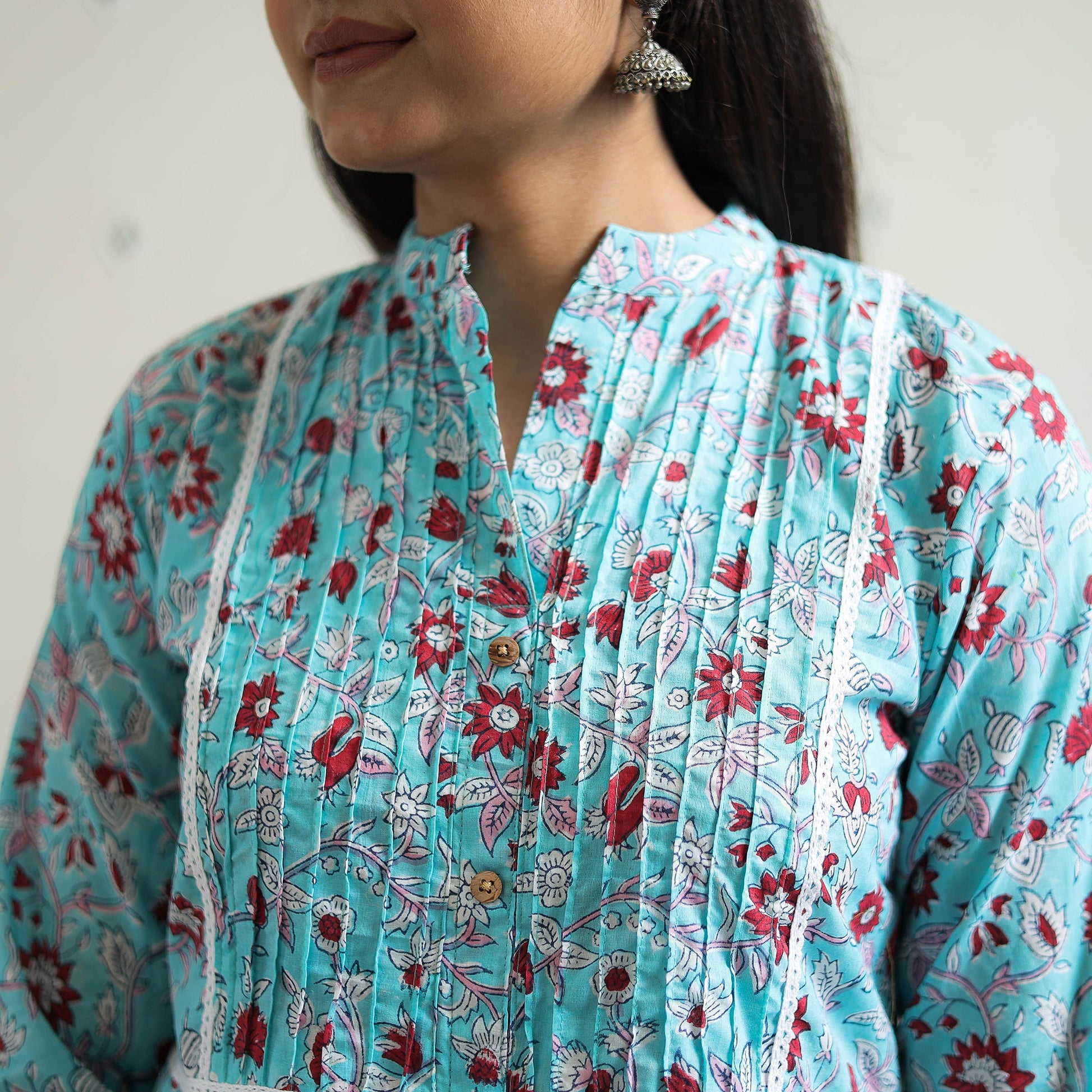 Blue - Block Print Cotton A-Line Sanganeri Kurta 05