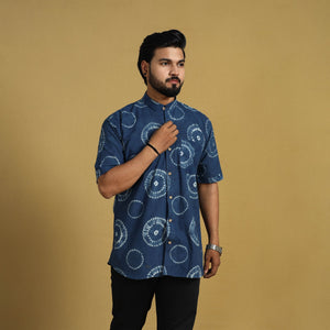 Blue - Half Sleeve Tie & Dye Cotton Men Shibori Shirt 11